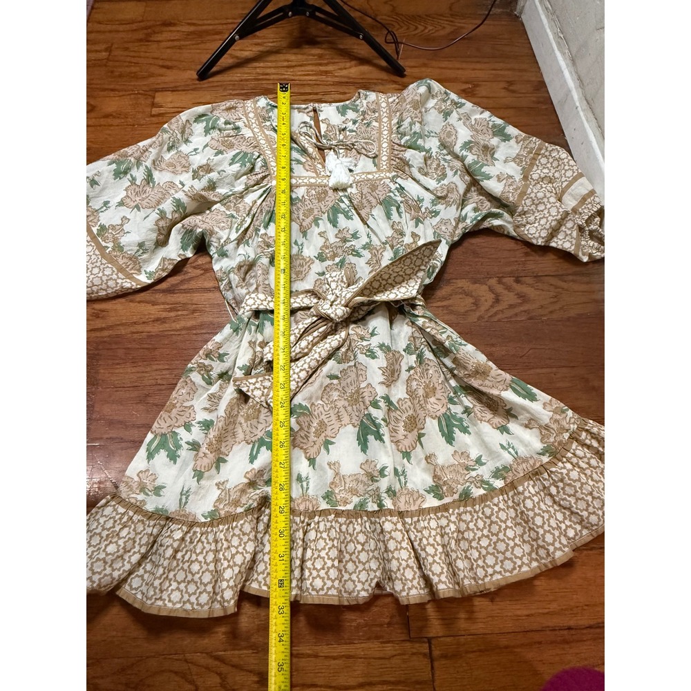 Cleobella floral Organic Cotton Mini Dress Tan Green Boho Tassel Belt Smal - Picture 3 of 6